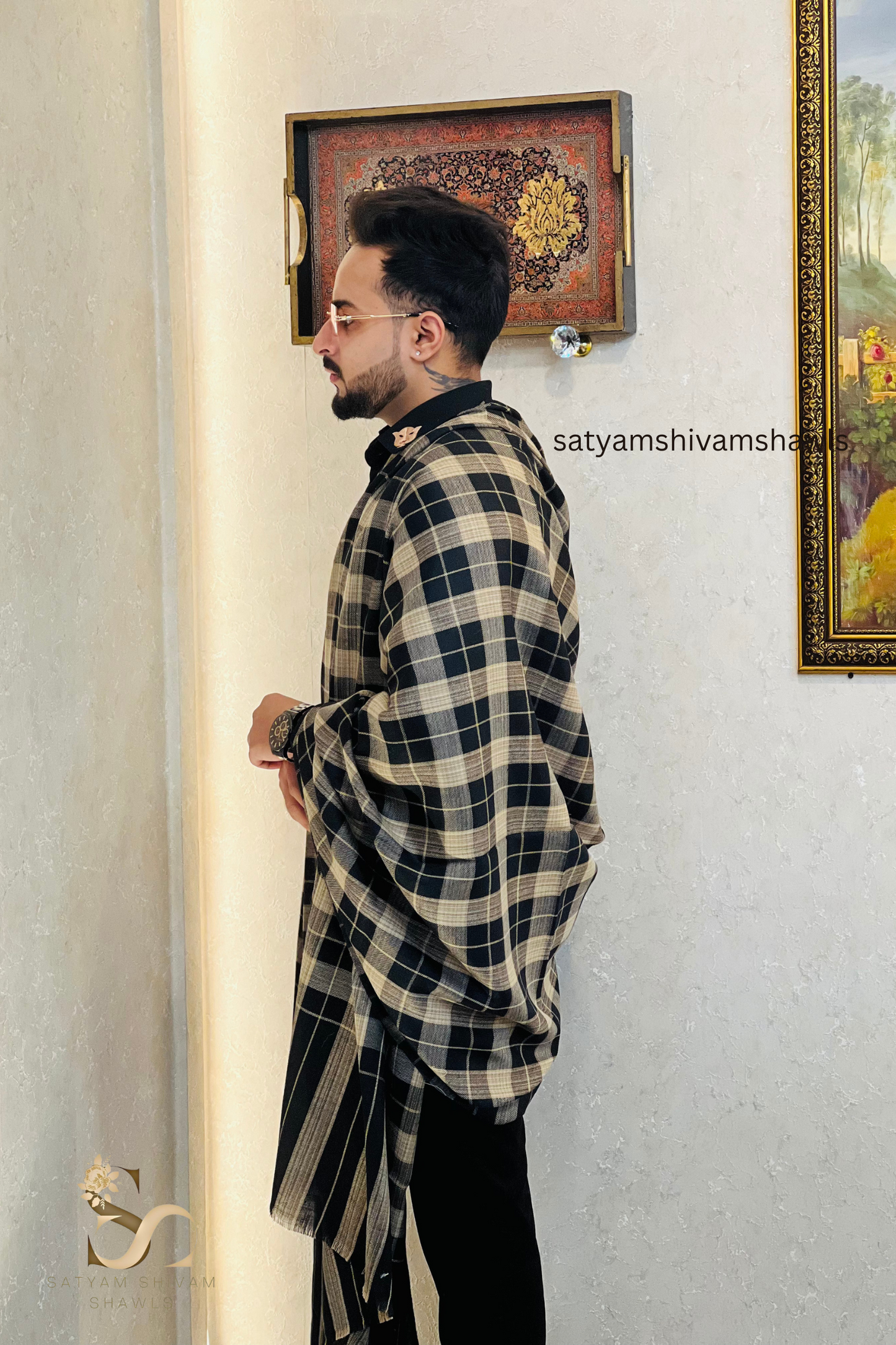 Mens Woven Check Shawl Light Weight - Fine Wool , full size