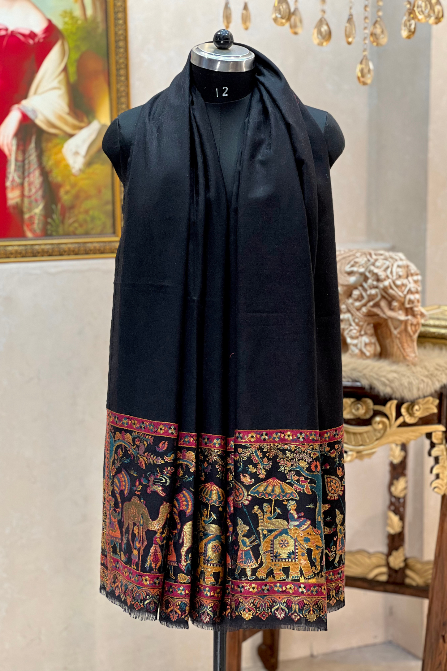 DHOLI PALLA KANI ZARI  WEAVE PURE WOOL  SHAWL,WARM AND SOFT,BLACK