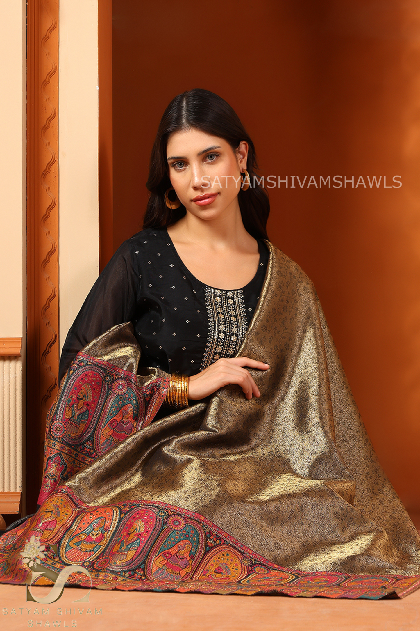 "Shaam-e-Mughal" TWILIGHT REVERSIBLE MUGHAL PALLA DESIGN STOLE ,GOLDEN