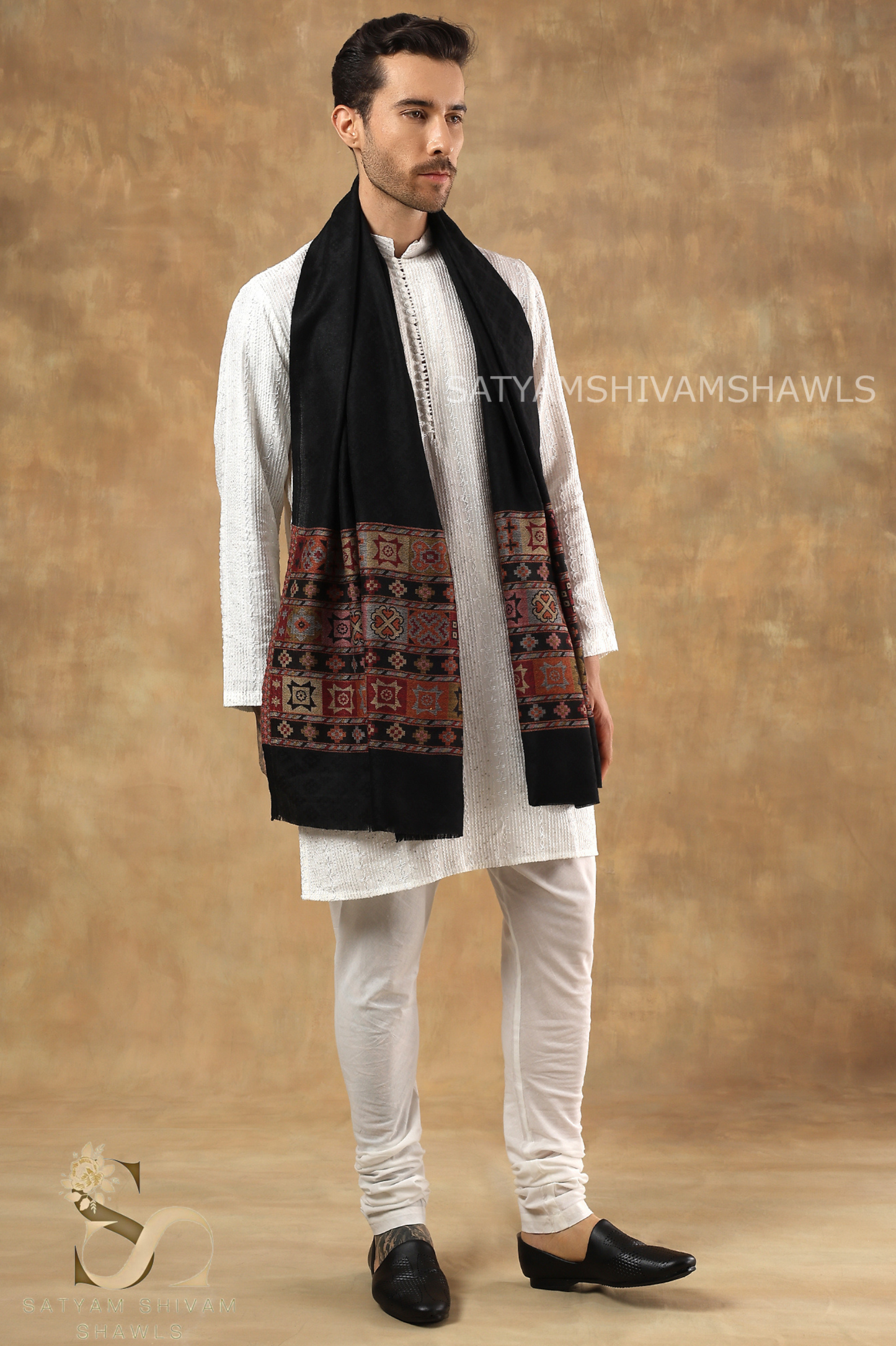 LUXURY PASHMINA KULLU DESIGN WOVEN PALLA  MENS STOLE ,BLACK