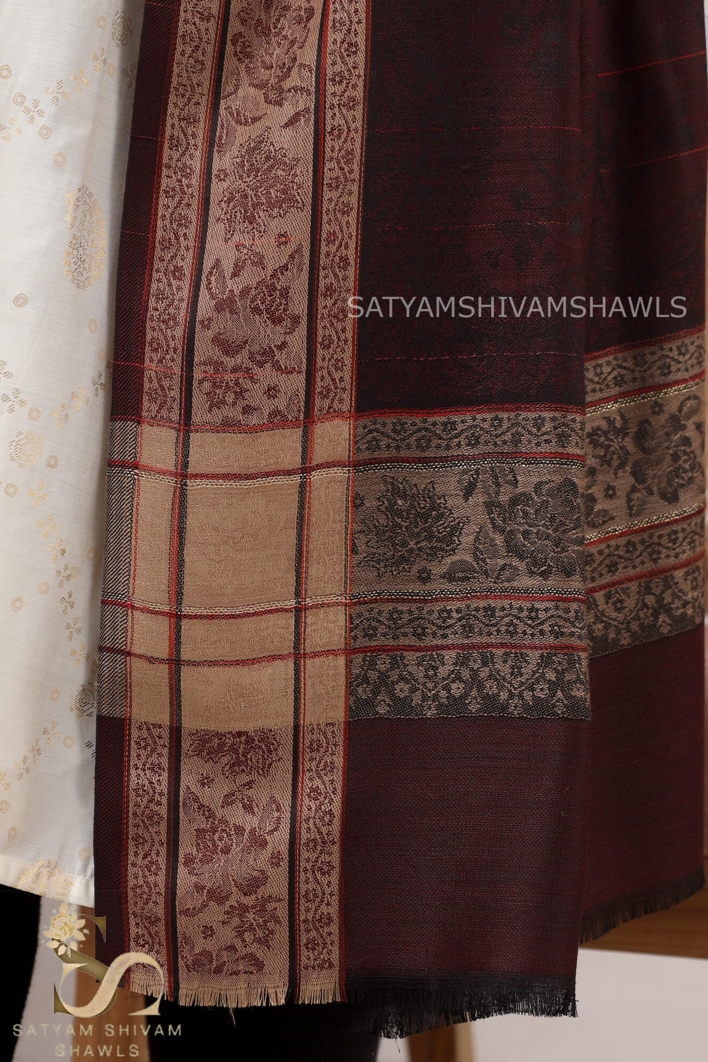PURE WOOL SELF STRIPS WITH BORDER DESIGN SHAWL,WARM & SOFT,WINE