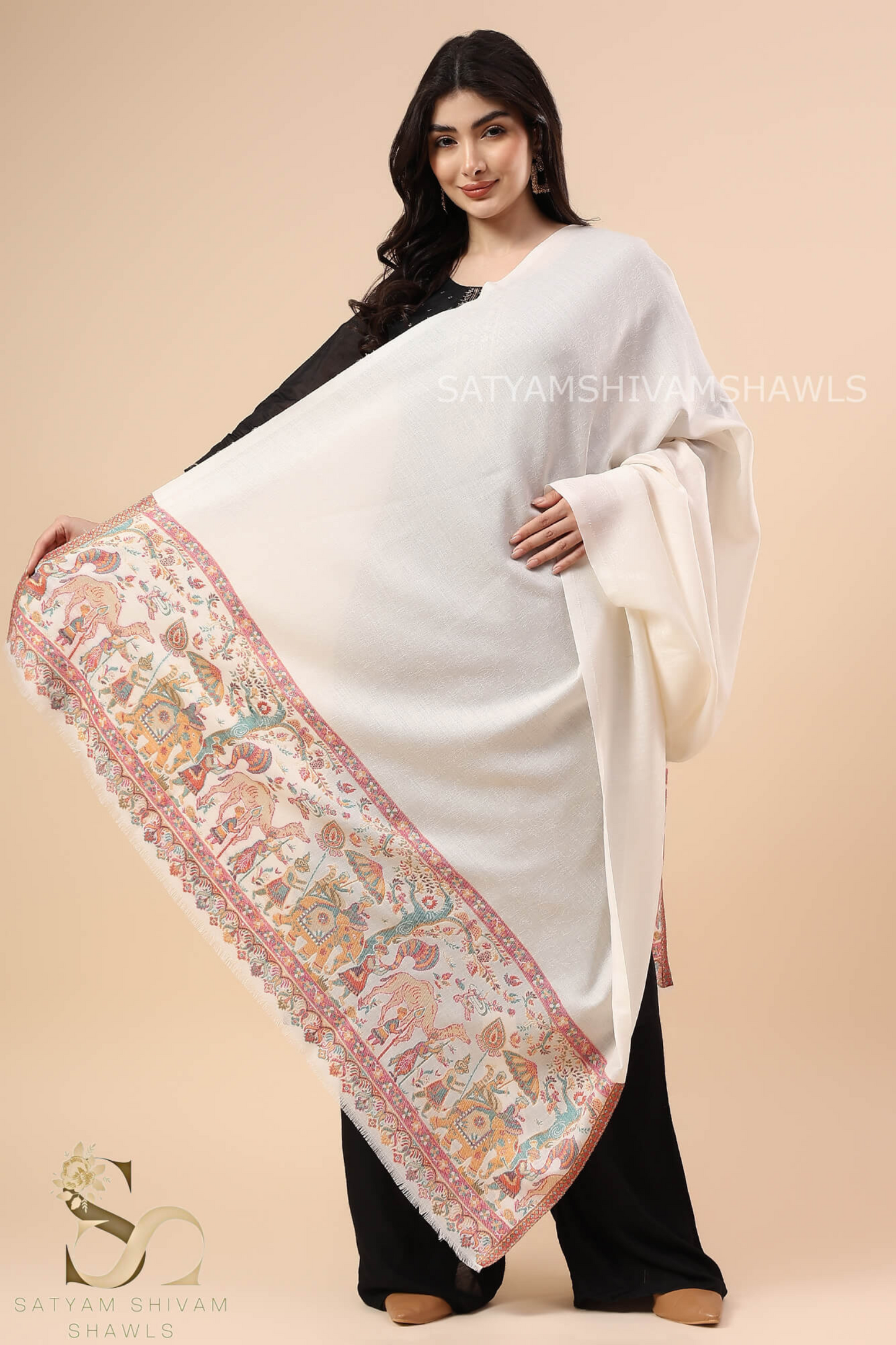 ZARI MOONLIGHT KANI WEAVE PURE WOOL PALLA SHAWL,WARM AND SOFT,WHITE