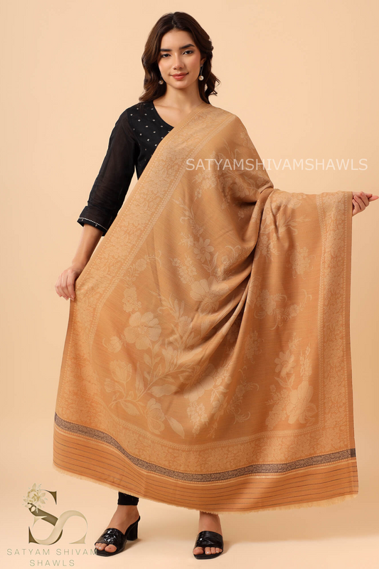 PURE WOOL REVERSIBLE SELF FLOWER DESIGN SHAWL,MUSTARD