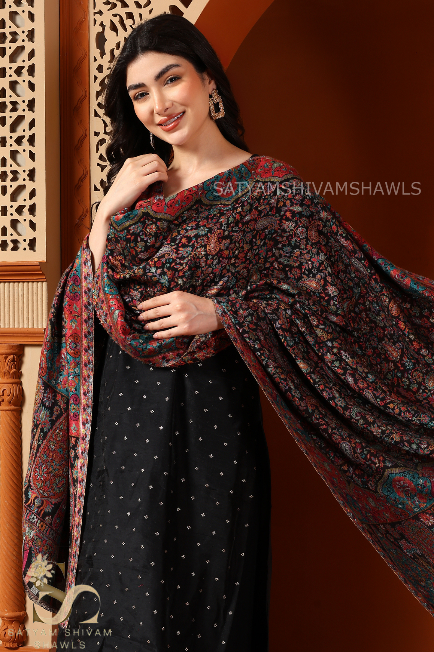 PASHMINA PURE WOOL AUTHENTIC MULTI KANI WEAVE DESIGN SHAWL,BLACK