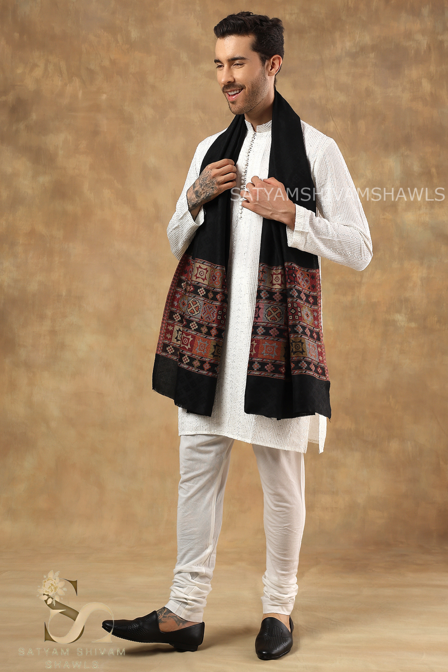 LUXURY PASHMINA KULLU DESIGN WOVEN PALLA  MENS STOLE ,BLACK