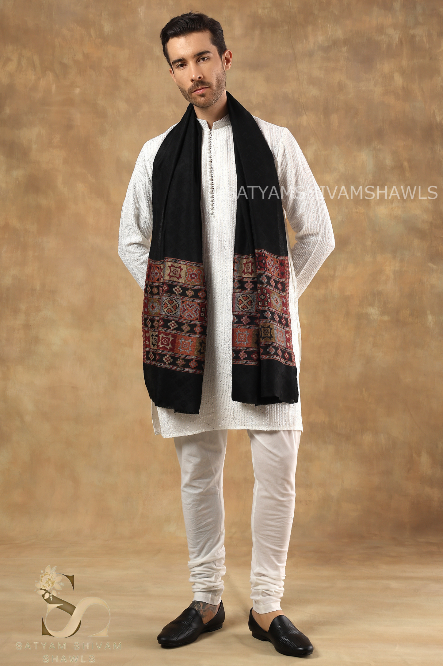 LUXURY PASHMINA KULLU DESIGN WOVEN PALLA  MENS STOLE ,BLACK