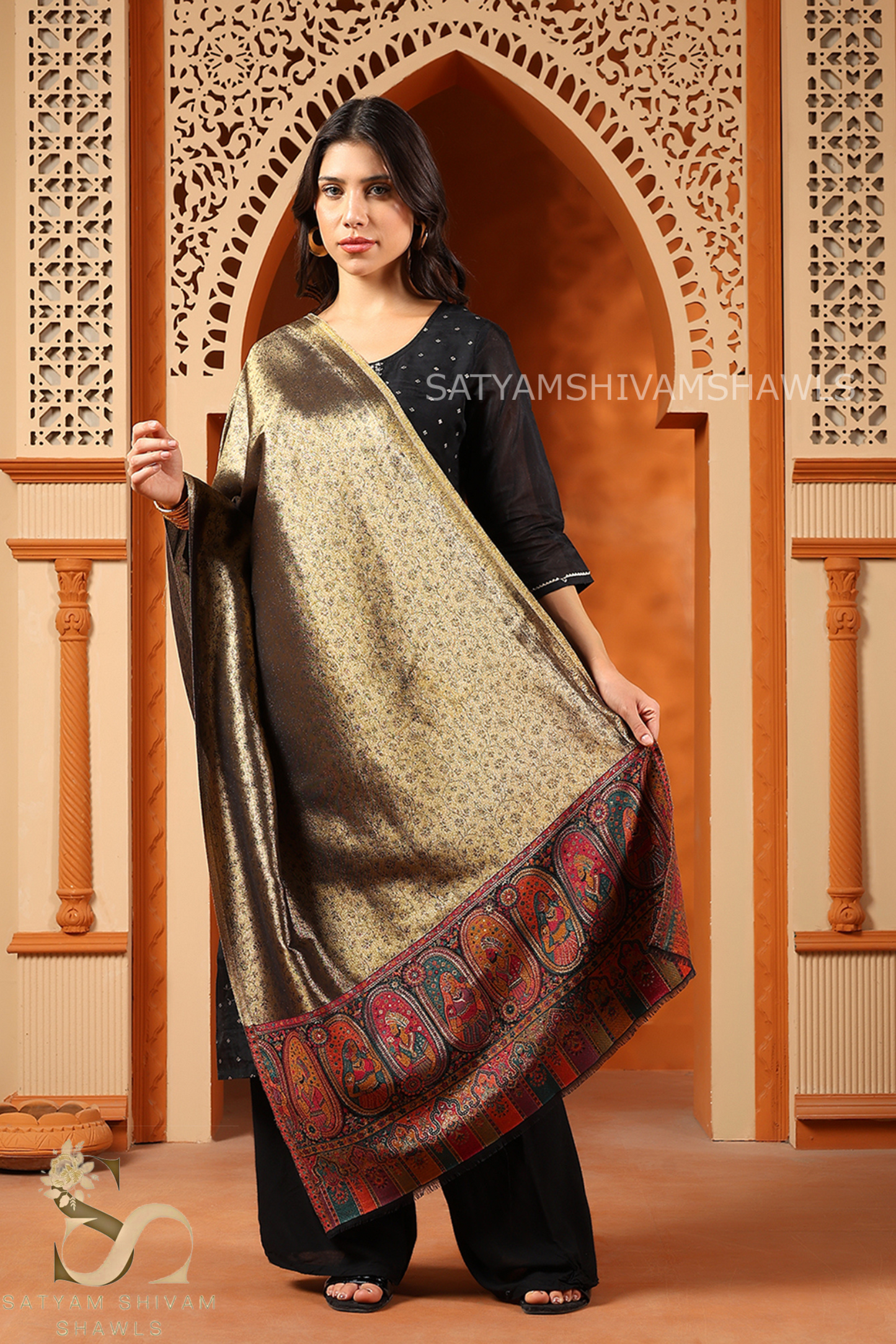 "Shaam-e-Mughal" TWILIGHT REVERSIBLE MUGHAL PALLA DESIGN STOLE ,GOLDEN