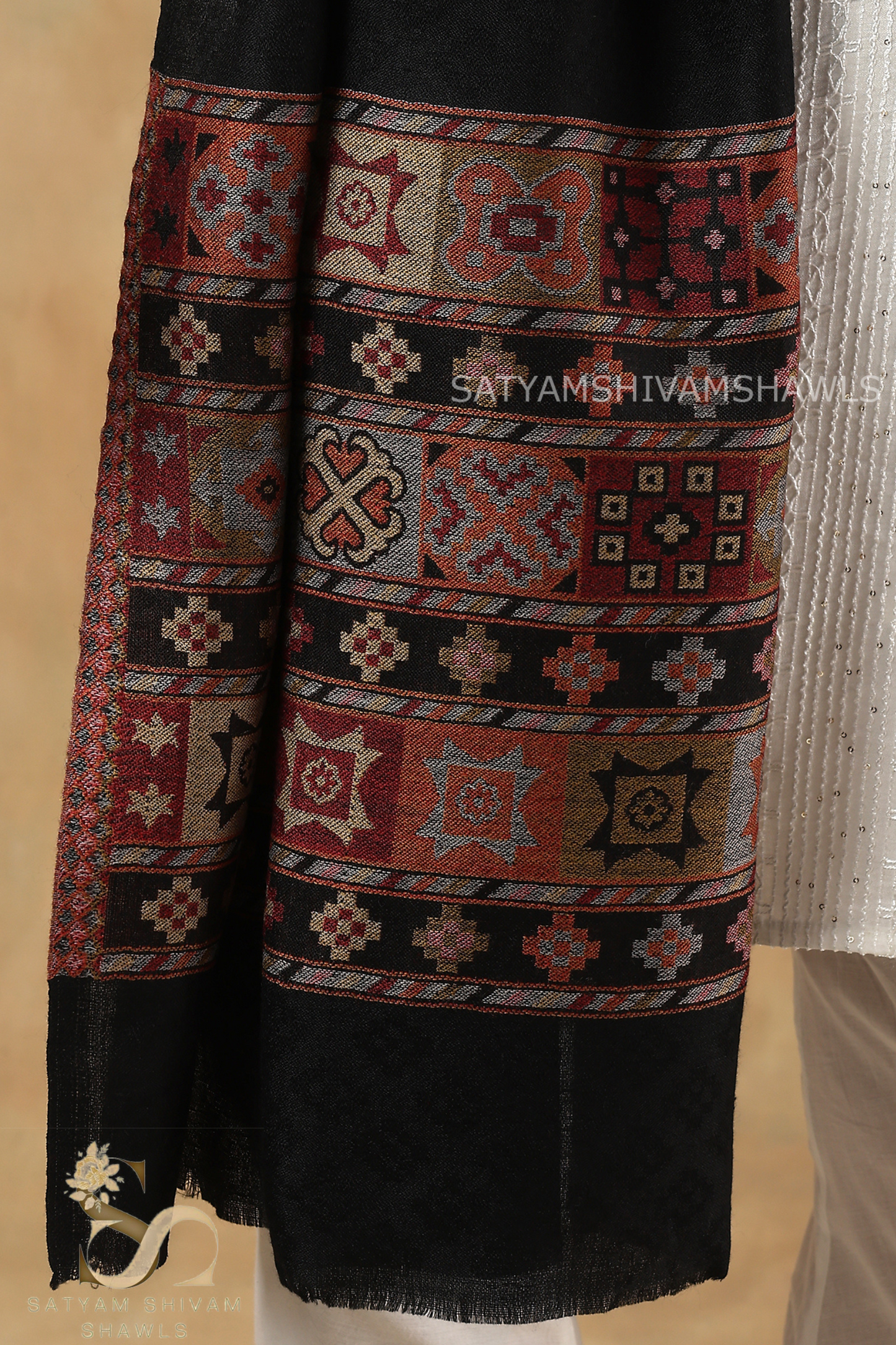 LUXURY PASHMINA KULLU DESIGN WOVEN PALLA  MENS STOLE ,BLACK