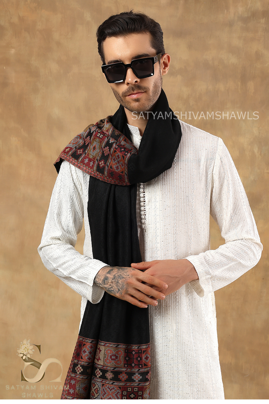 LUXURY PASHMINA KULLU DESIGN WOVEN PALLA  MENS STOLE ,BLACK
