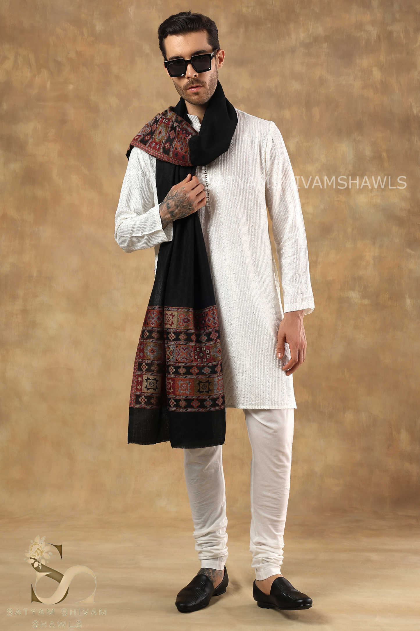 LUXURY PASHMINA KULLU DESIGN WOVEN PALLA  MENS STOLE ,BLACK