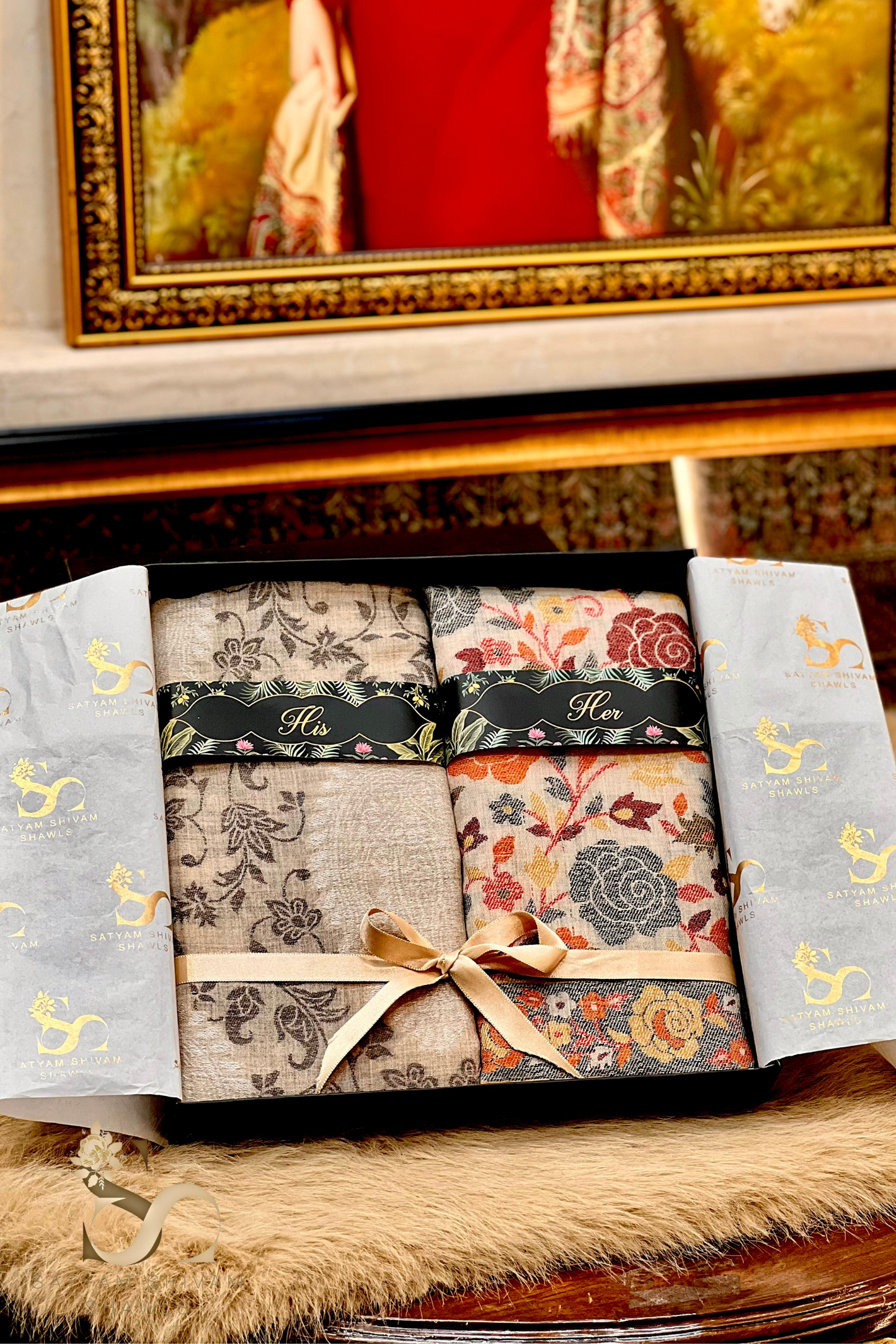 HIS AND HER SET OF MENS FINE WOOL PASHMINA BLEND KANI STOLE AND WOMEN FINE WOOL KANI WEAVED STOLE