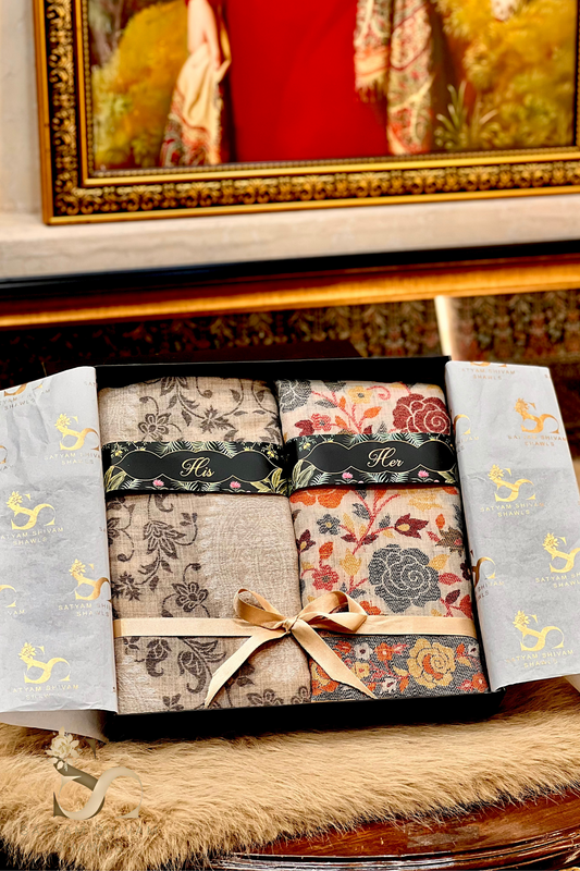 HIS AND HER SET OF MENS FINE WOOL PASHMINA BLEND KANI STOLE AND WOMEN FINE WOOL KANI WEAVED STOLE