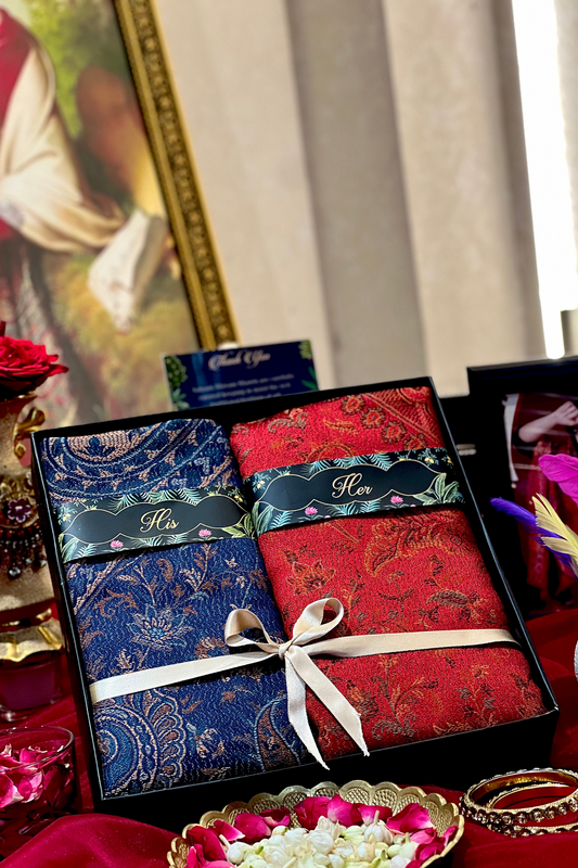 His and Her Gift Set of Jamawar and kaani Shawls With Wooden premium box packaging