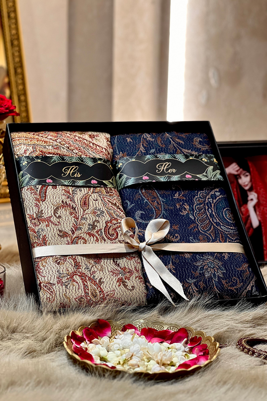 His And Her Set Of 100% pure wool shawls With Premium Gift Box Packaging , navy blue & light