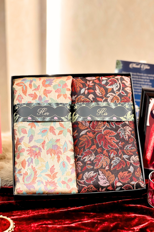 SATYAMSHIVAMSHAWLS HIS AND HER SET OF MENS&WOMENS BOTH SHAWLS ARE SILK PASHMINA KANI JAMAWAR WITH PREMIUM GIFT BOX PACKAGING
