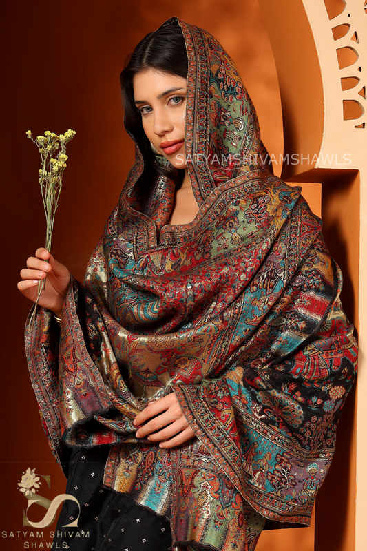 TWINLIGHT REVERSIBLE FINE WOOL PASHMINA DHOLI THEME DESIGSHAWL,BLACK GOLDEN