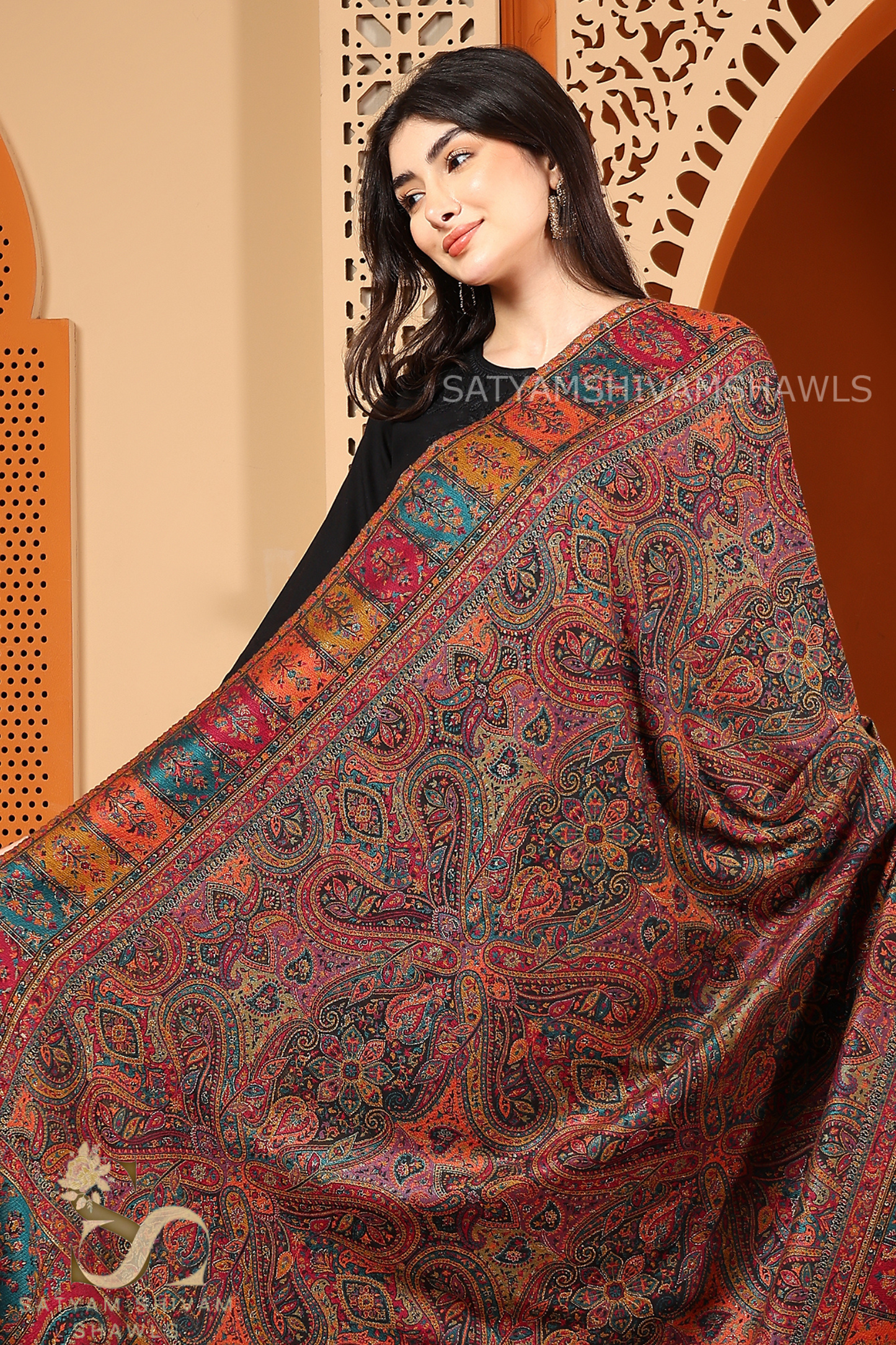 100%PURE WOOL KANI ETHNIC WEAVE SHAWL SOFT AND WARM,WITH WOOLMARK CERTIFICATE,BLACK
