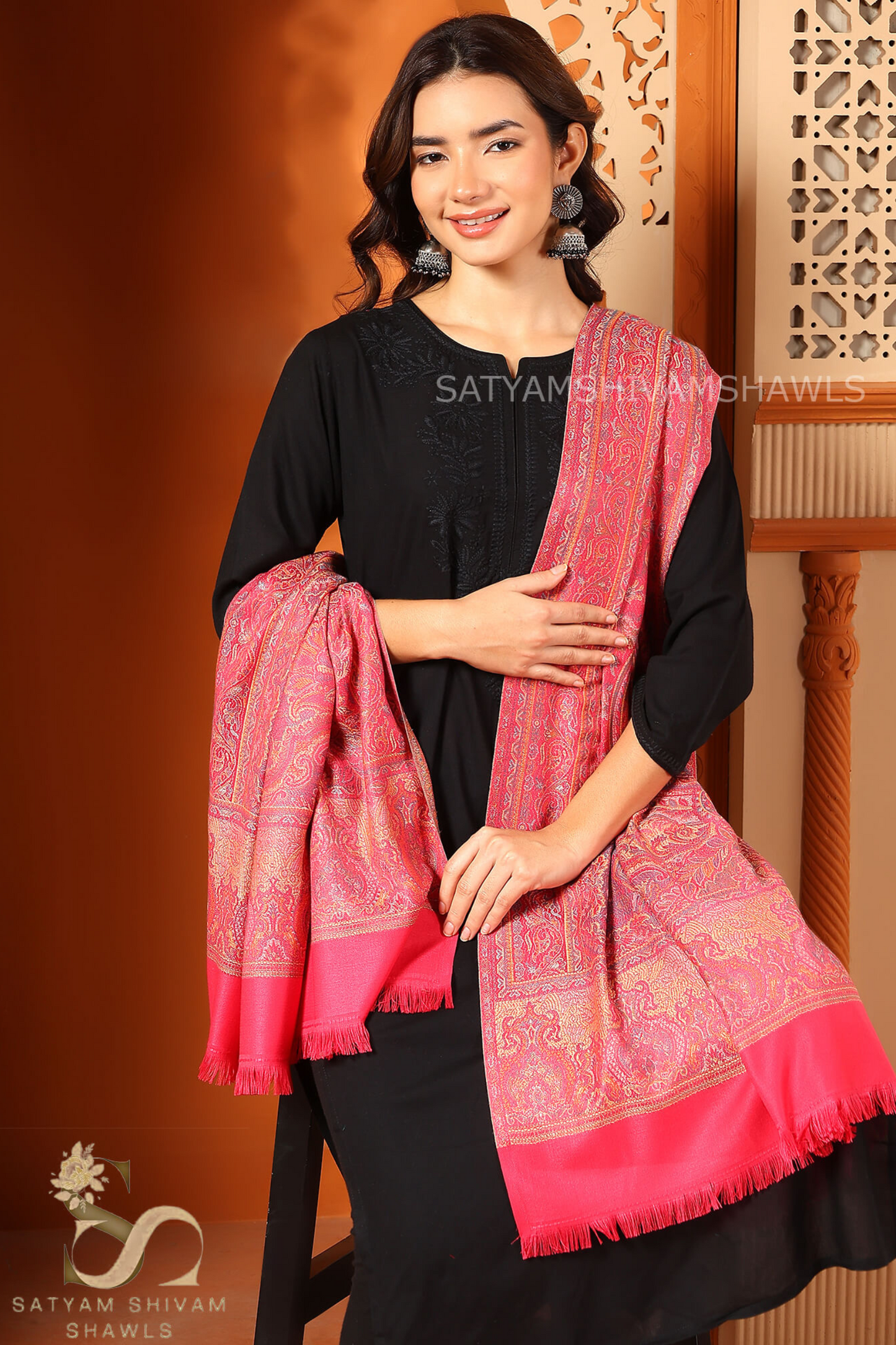 PURE WOOL ETHNIC KANI WEAVED SHAWL,WARM AND SOFT,CARROT PINK