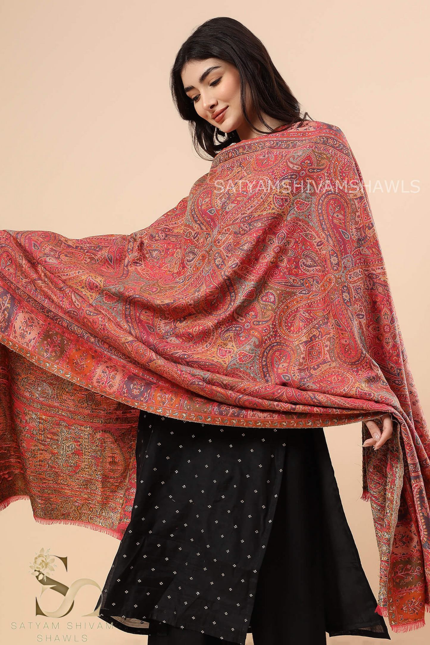 SATYAMSHIVAMSHAWLS WOMENS 100%PURE WOOL KANI ETHNIC WEAVE SHAWL, SOFT AND WARM, CARROT
