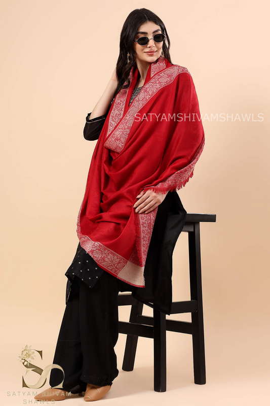 PURE WOOL REVERSIBLE SELF BORDER DESIGN SHAWL ,KASHMIRI MEHROON