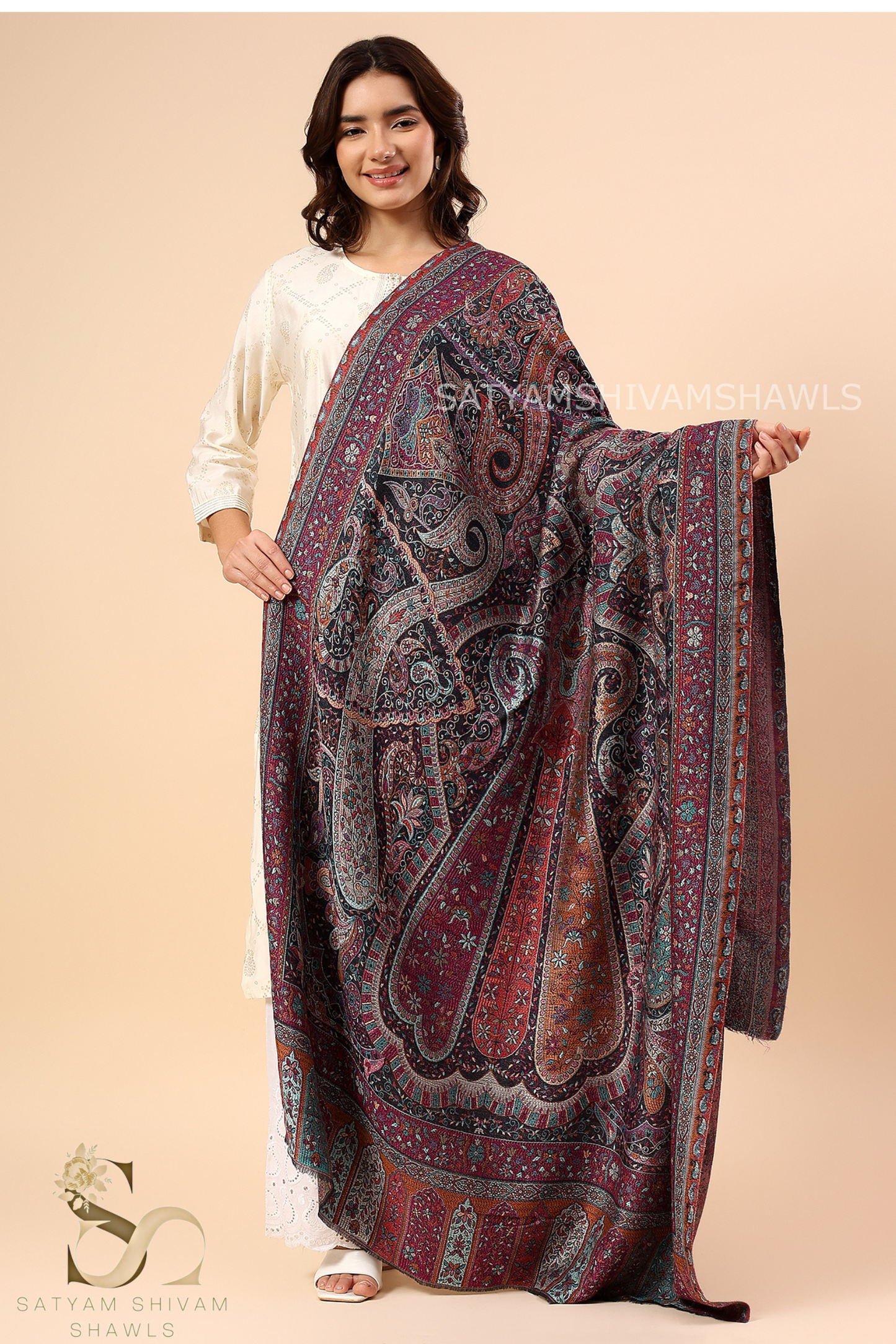 TURKISH PAISLEY FINE WOOL PASHMINA JAMAWAR KANI SHAWLS,MULTY KASHMIRI COLOURS ON BLACK BASE