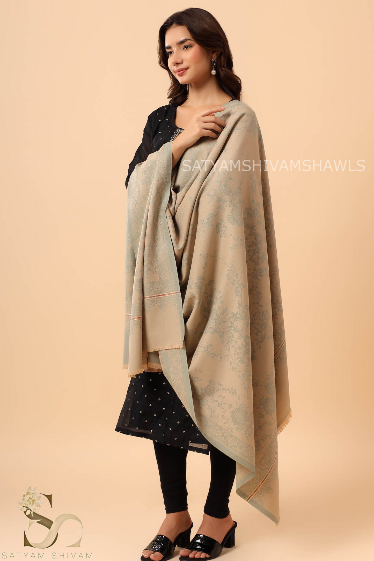PASHMINA BLENDED WOOL REVERSIBLE SELF FLOWER DESIGN SHAWL,PISTA