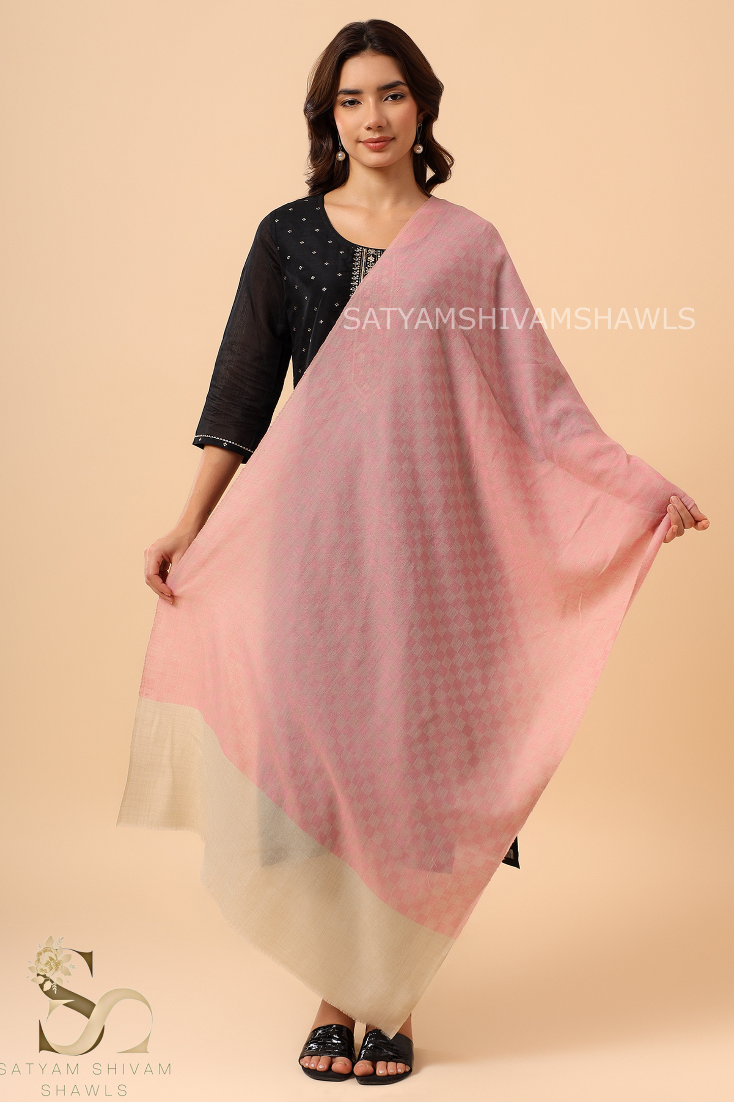 EXTRA FINE WOOL MIST CHECK WOMES STOLES,PINK