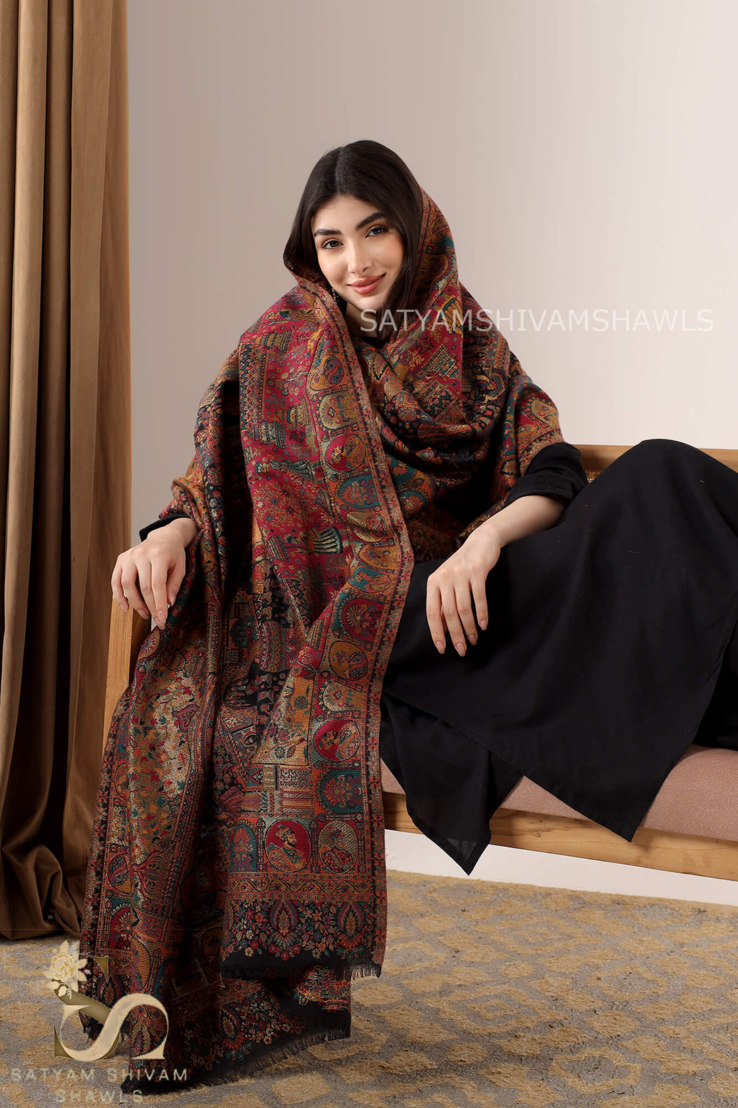 "SHAAN -E-DARBAR" THEME KANI  PASHMINA BLEND WOOL SHAWLS ,LIGHT WEIGHT AND WARM,BLACK