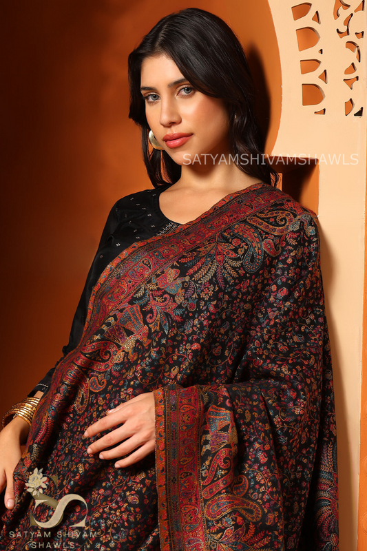 BAADSHAH DARABR ZARI KANI PASHMINA BLEND WOOL WOMENS SHAWLS,BLACK