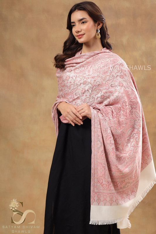 VINTAGE ROYAL JAMAWAR PAISLEY KANI DESIGN MENS SHAWL,BABY PINK