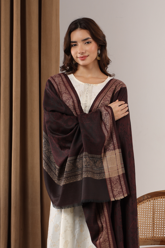 PURE WOOL SELF STRIPS WITH BORDER DESIGN SHAWL,WARM & SOFT,WINE