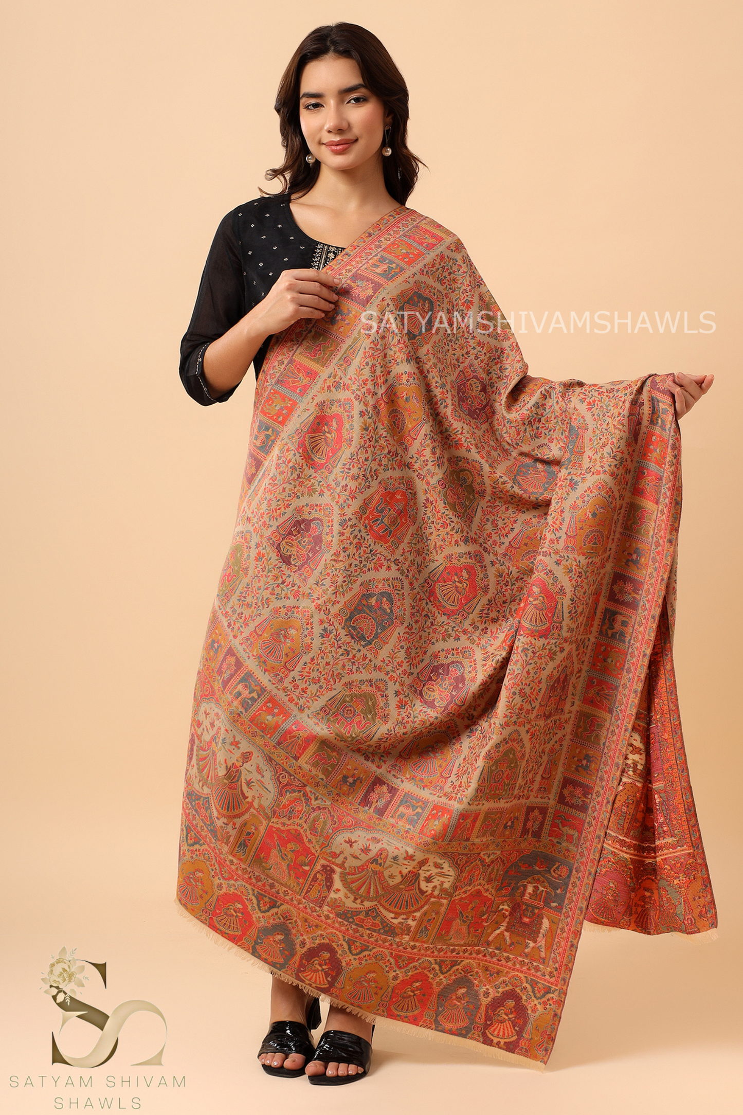 Womens 100% Pure Wool kani Ethnic Weave Shawl, Soft And Warm, With Woolmark Certificate ,light