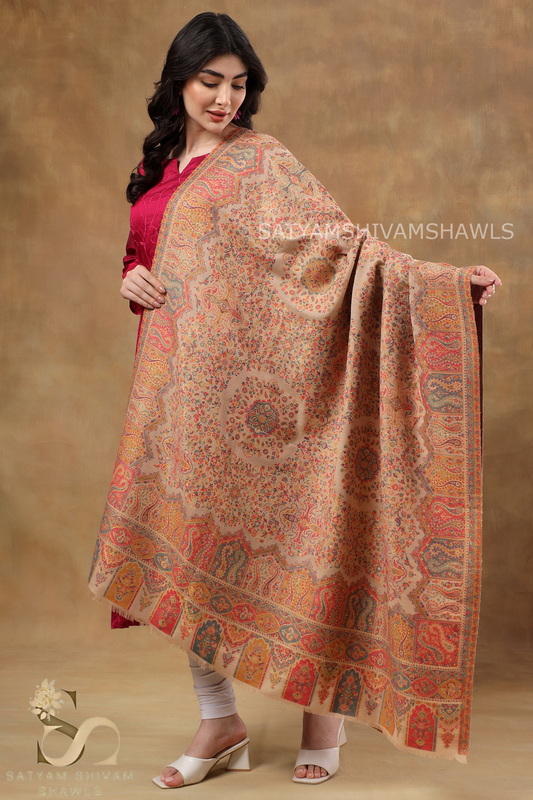 'THE MANDALA MUSE" Womens 100% Pure Wool kani Ethnic Weave Shawl, Soft And Warm, With Woolmark Certificate ,light