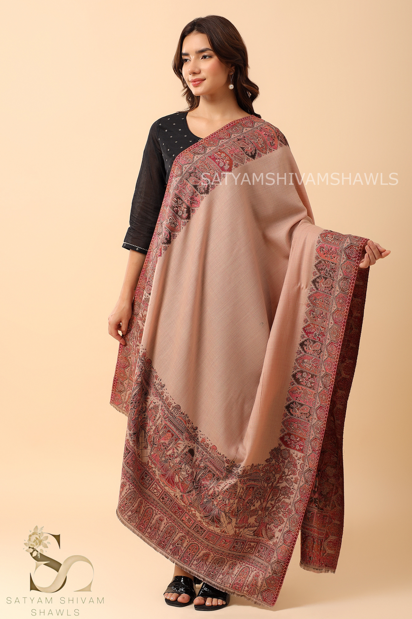 WOMENS 100%PURE WOOL KANI BORDER WEAVE SHAWL, SOFT, WARM AND LIGHT WEIGHT
