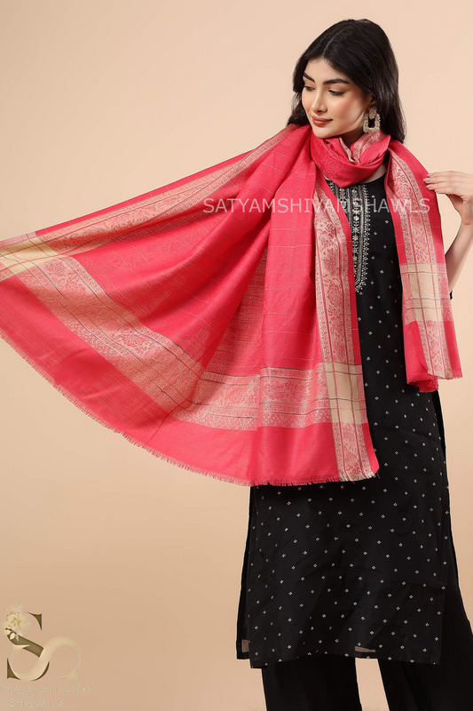 PURE WOOL ALL OVER SELF DESIGN WITH BORDER AND STRIPS DESIGN SHAWL,WARM & SOFT,GAJARI