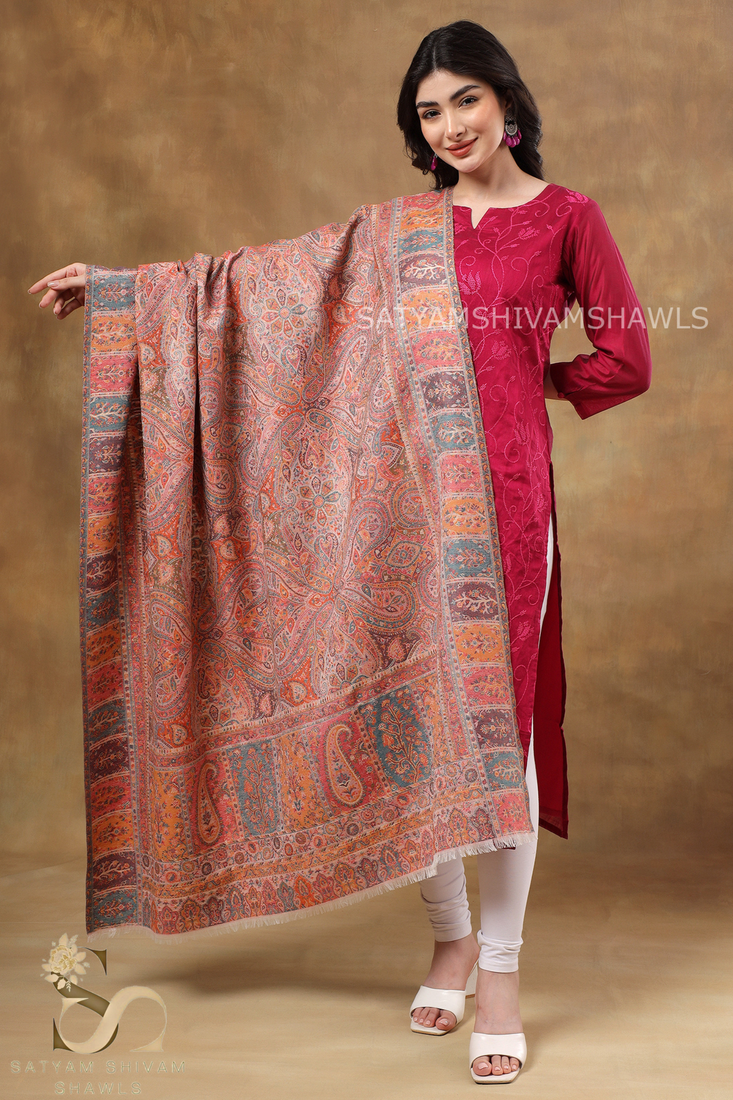 WOMENS 100%PURE WOOL KANI ETHNIC WEAVE SHAWL, SOFT AND WARM, PINK