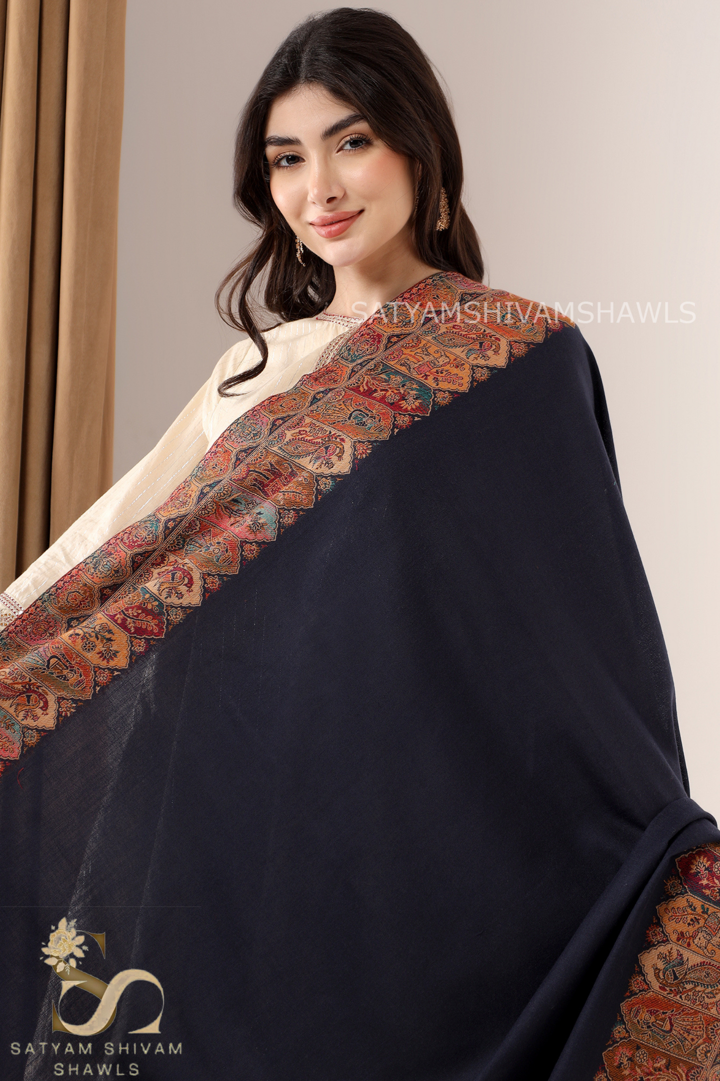TAJ SAKHIYAAN  KANI BORDER WEAVE SHAWL, SOFT, WARM AND LIGHT WEIGHT,NAVY BLUE
