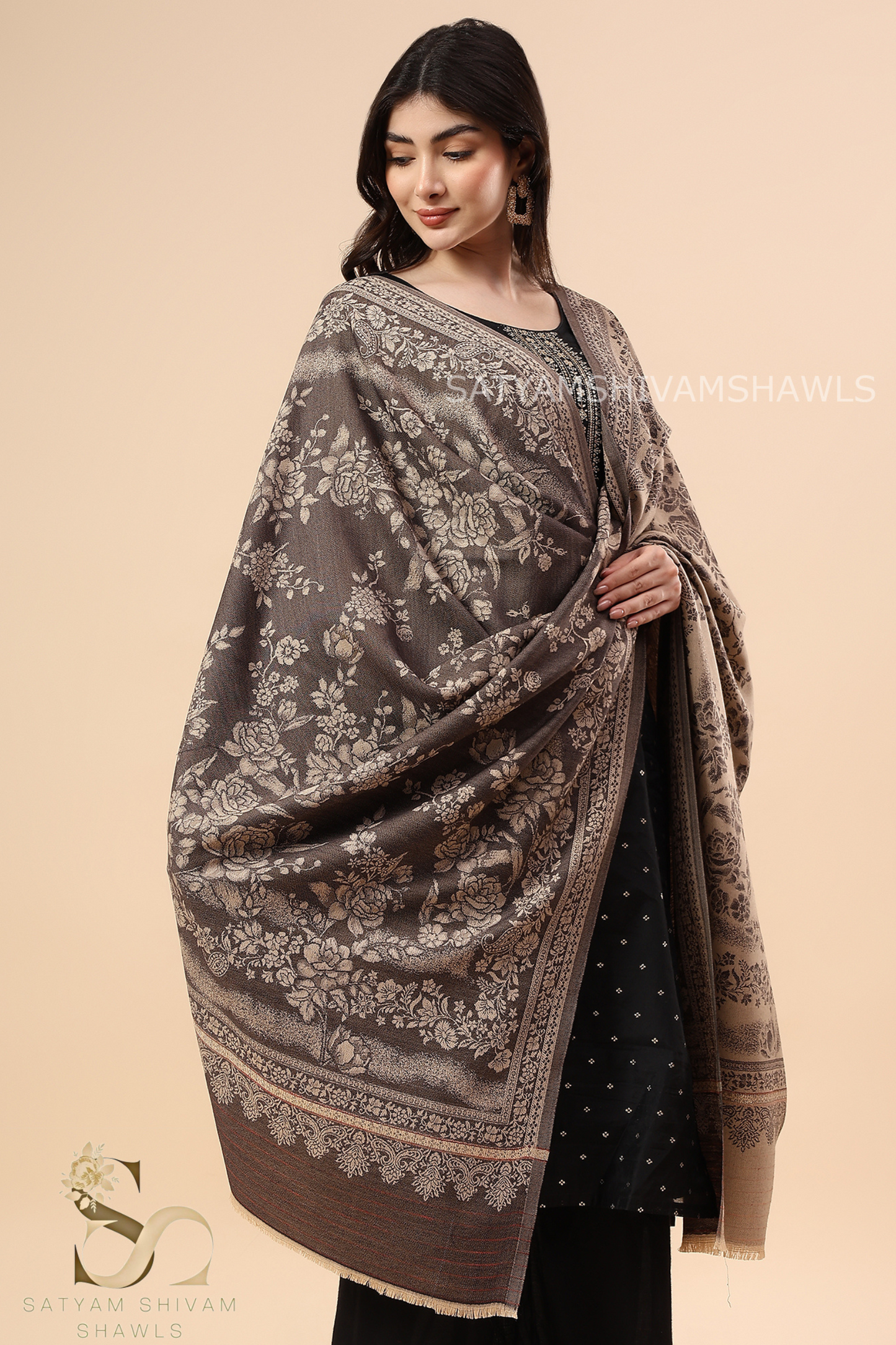 PURE WOOL ALL OVER REVERSIBLE SELF ROSE DESIGN SHAWL, SOFT, AND WARM ,COFFEE