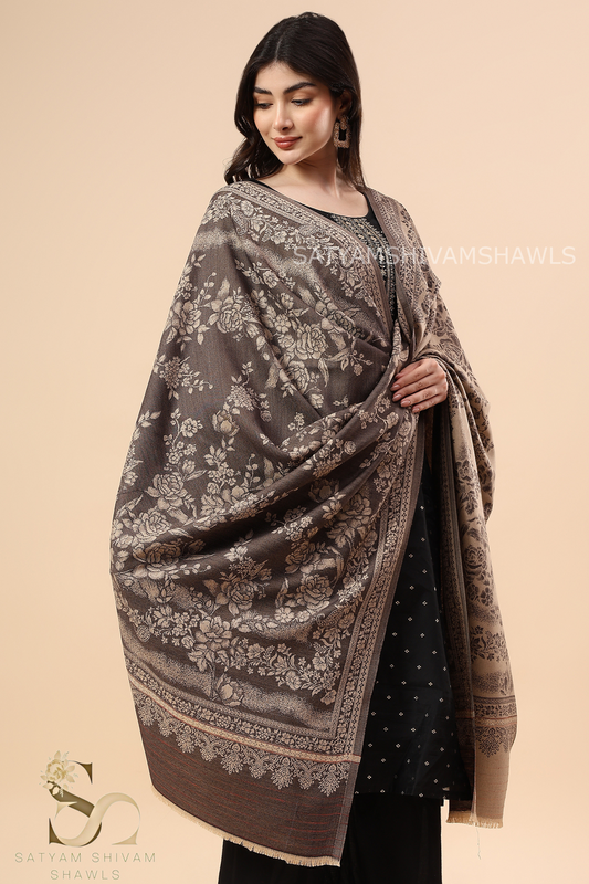 PURE WOOL ALL OVER REVERSIBLE SELF ROSE DESIGN SHAWL, SOFT, AND WARM ,COFFEE