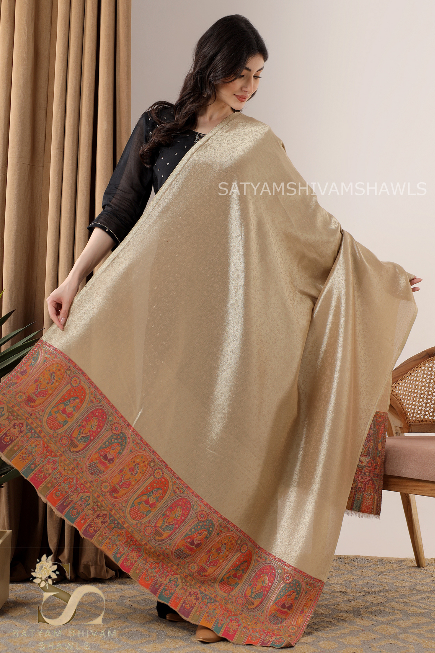 "TWILIGHT NOOR-E-MUGHAL" MOONLIGHT REVESIBLE PALLA DESIGN PASHMINA WOOL SHAWL,WARM AND SOFT