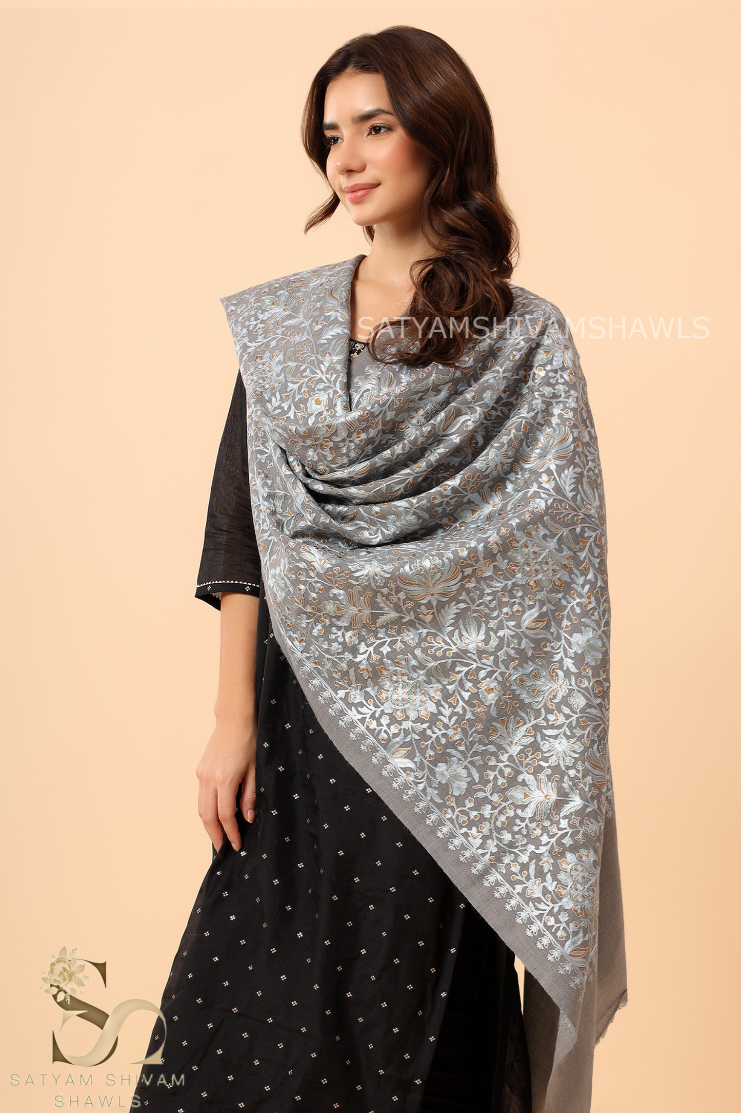 PASHMINA FINE WOOL NALKI EMBROIDERY WEAVE STOLE,WARM & SOFT,GREY