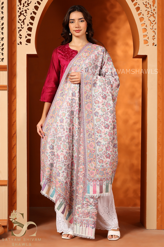 PURE WOOL ETHNIC KASHMIRI CHINAR DESIGN KANI SHAWL, Light Weight, Soft And Warm, White