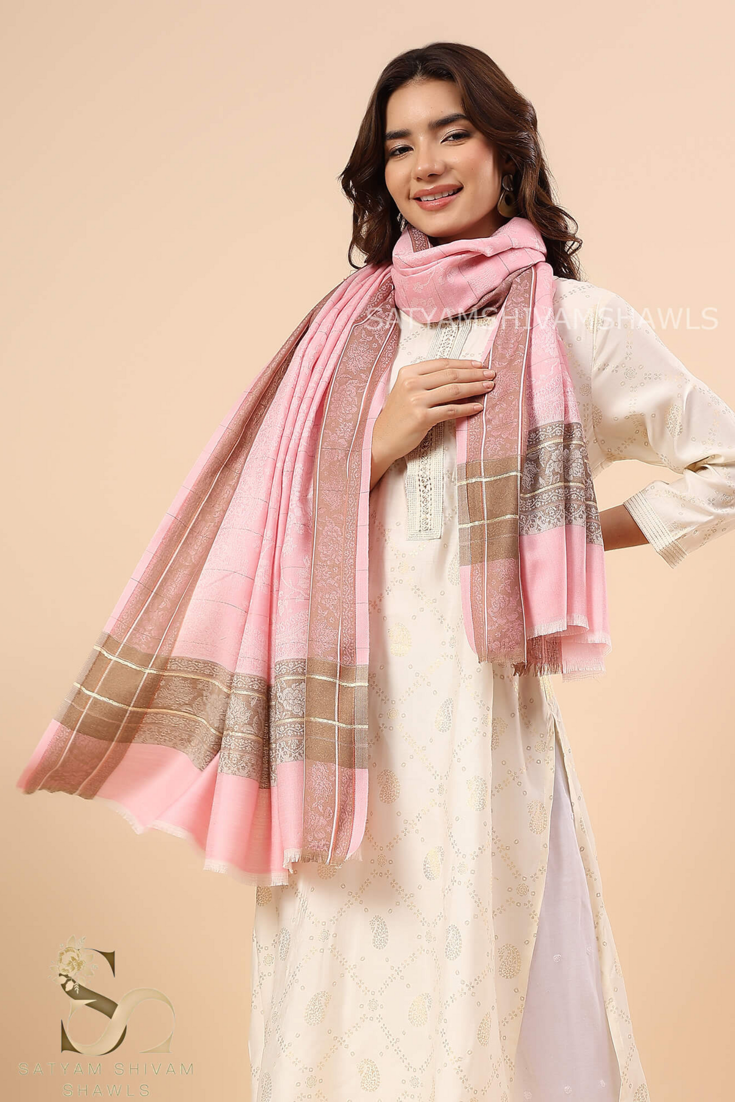 PURE WOOL ALL OVER SELF DESIGN WITH BORDER AND STRIPS DESIGN SHAWL,WARM & SOFT,BABY PINK