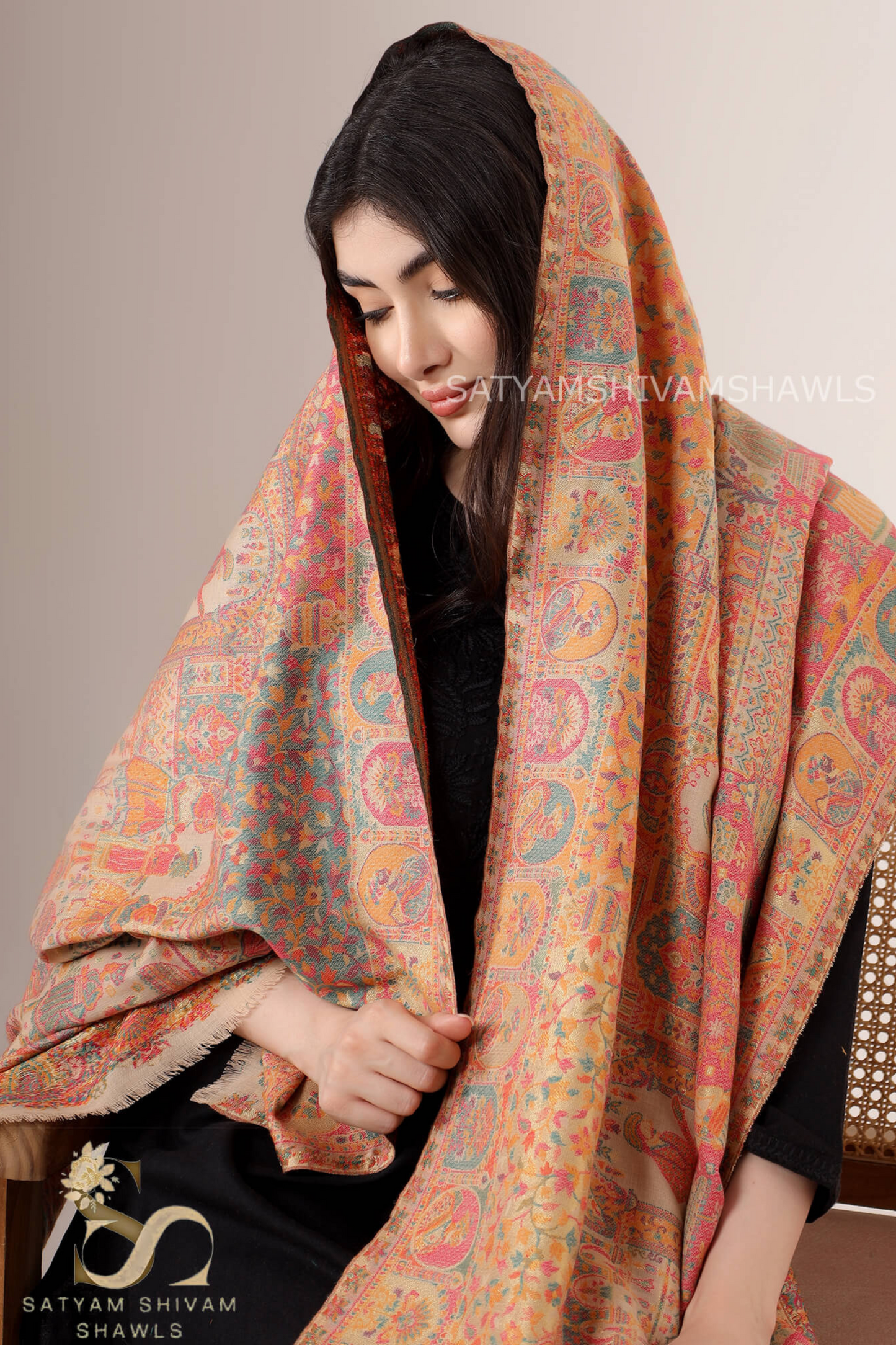 "SHAAN -E-DARBAR" THEME KANI  PASHMINA BLEND WOOL SHAWLS ,LIGHT WEIGHT AND WARM,BEIGE