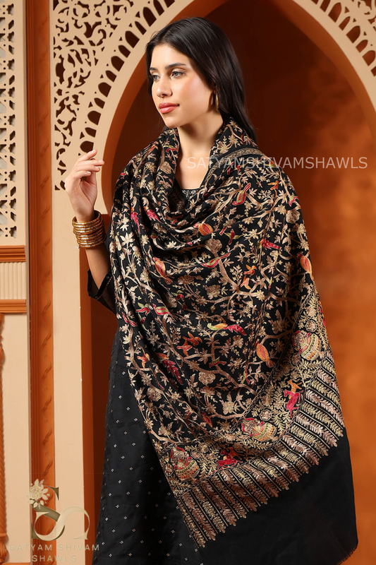 "SHIKAAR-E-KASHMIR" TILLA EMBROIDERY FINE PASHMINA WOOL, WARM AND SOFT,BLACK