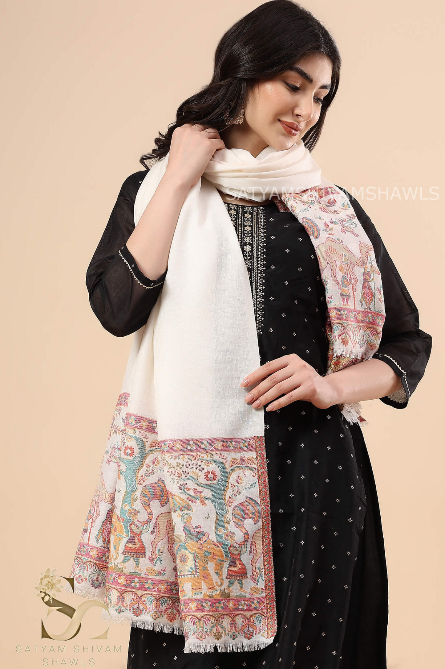 ZARI MOONLIGHT KANI WEAVE PURE WOOL PALLA SHAWL,WARM AND SOFT,WHITE