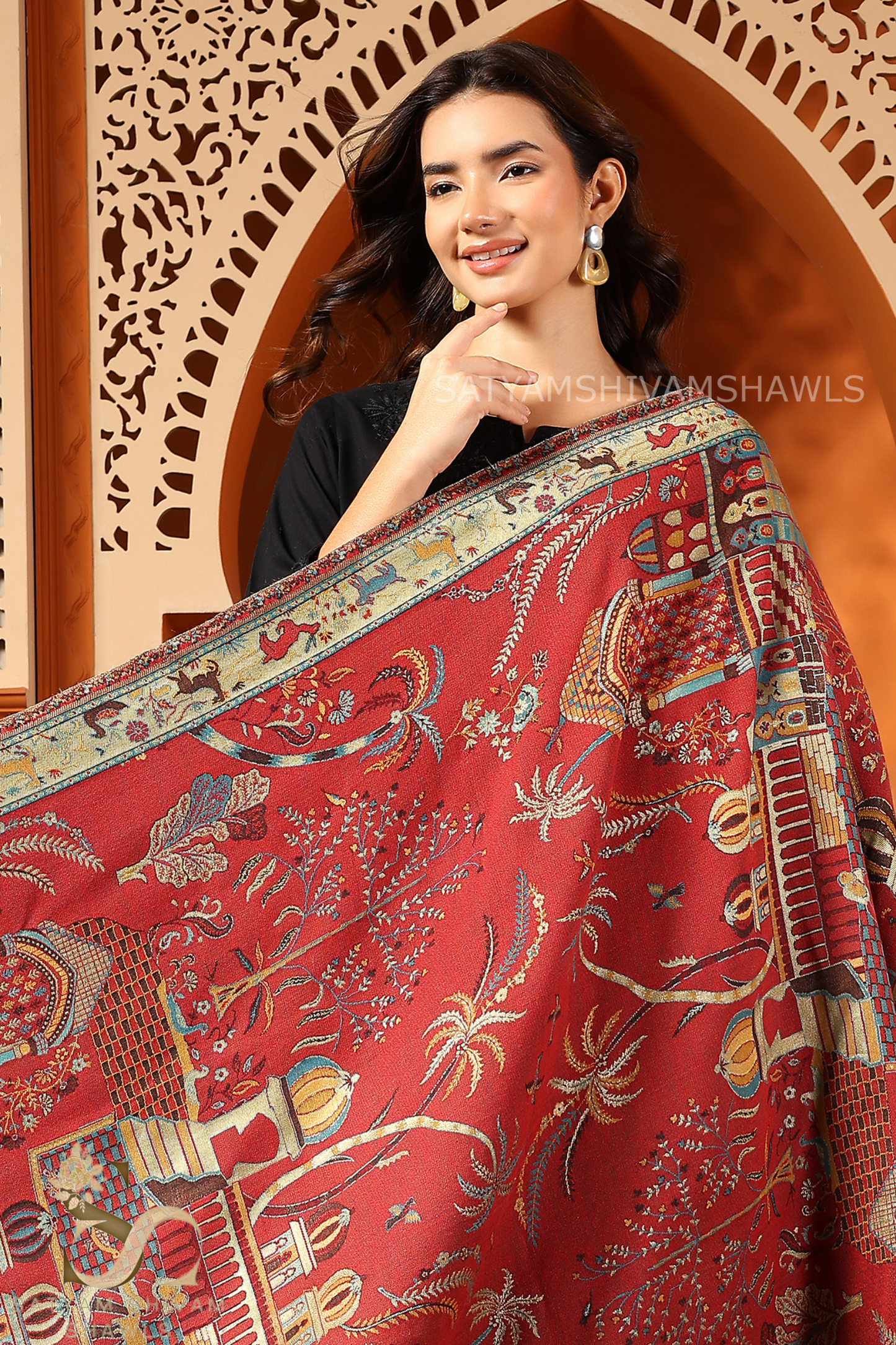 TWINLIGHT REVERSIBLE FINE WOOL PASHMINA SHAWL,MEHROON GOLDEN