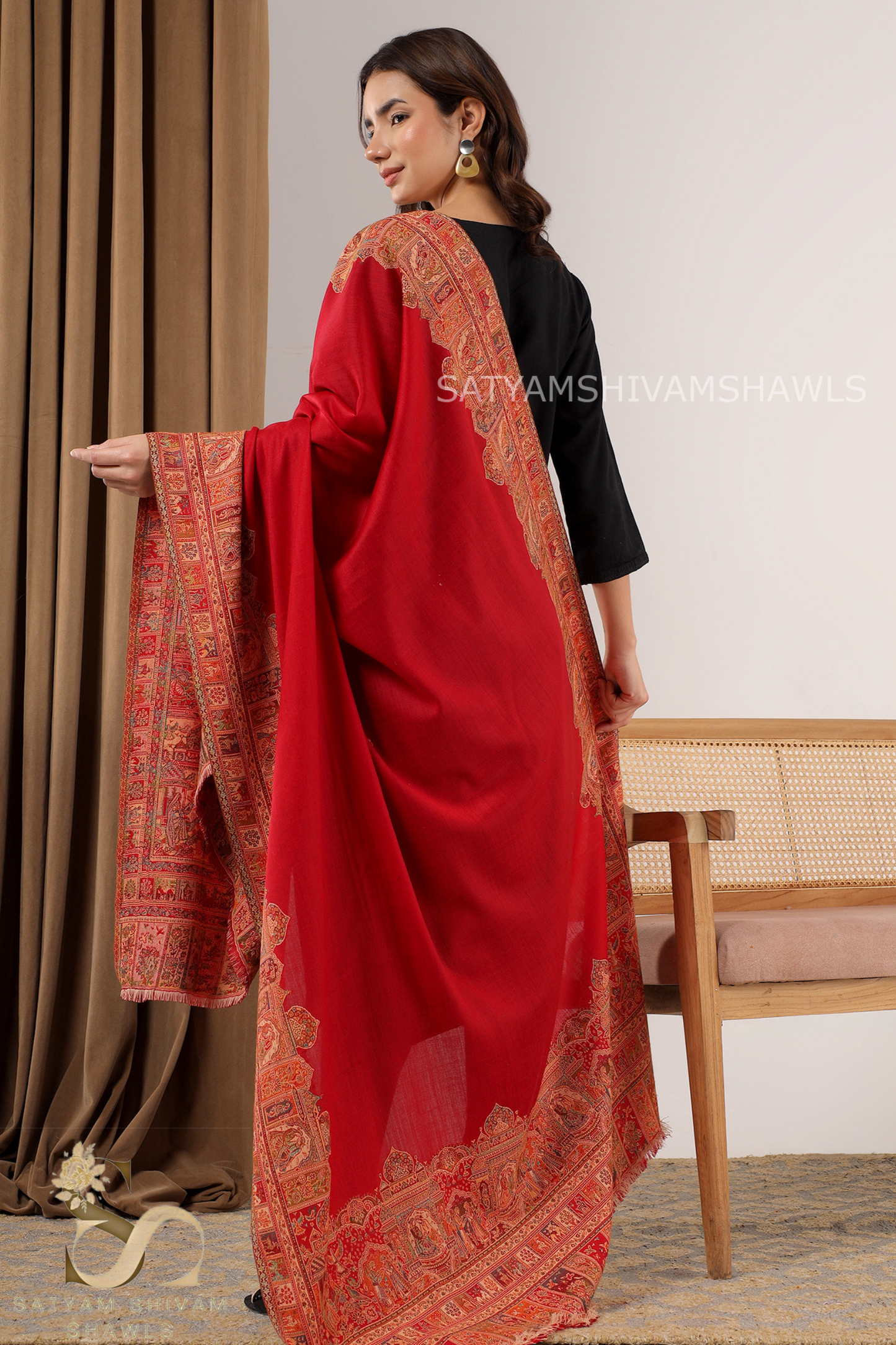 100%PURE WOOL KANI ETHNIC BORDER WEAVE SHAWL SOFT AND WARM,WITH WOOLMARK CERTIFICATE,MARRON