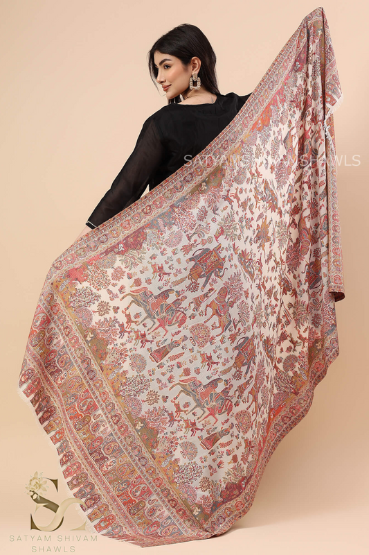 "GARDEN OF DELIGHT" PASHMINA KANI SHIKARGAH DHOLI THEME DESIGN SHAWL,WARM AND SOFT,WHITE