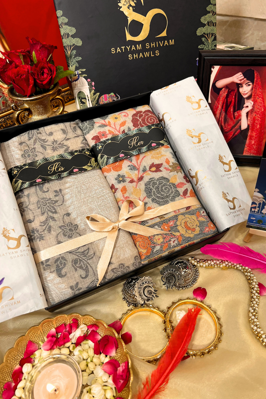 SATYAMSHIVAMSHAWLS HIS AND HER SET OF MENS&WOMENS FINE PASHMINA KANI STOLE WITH PREMIUM GIFT BOX PACKAGING